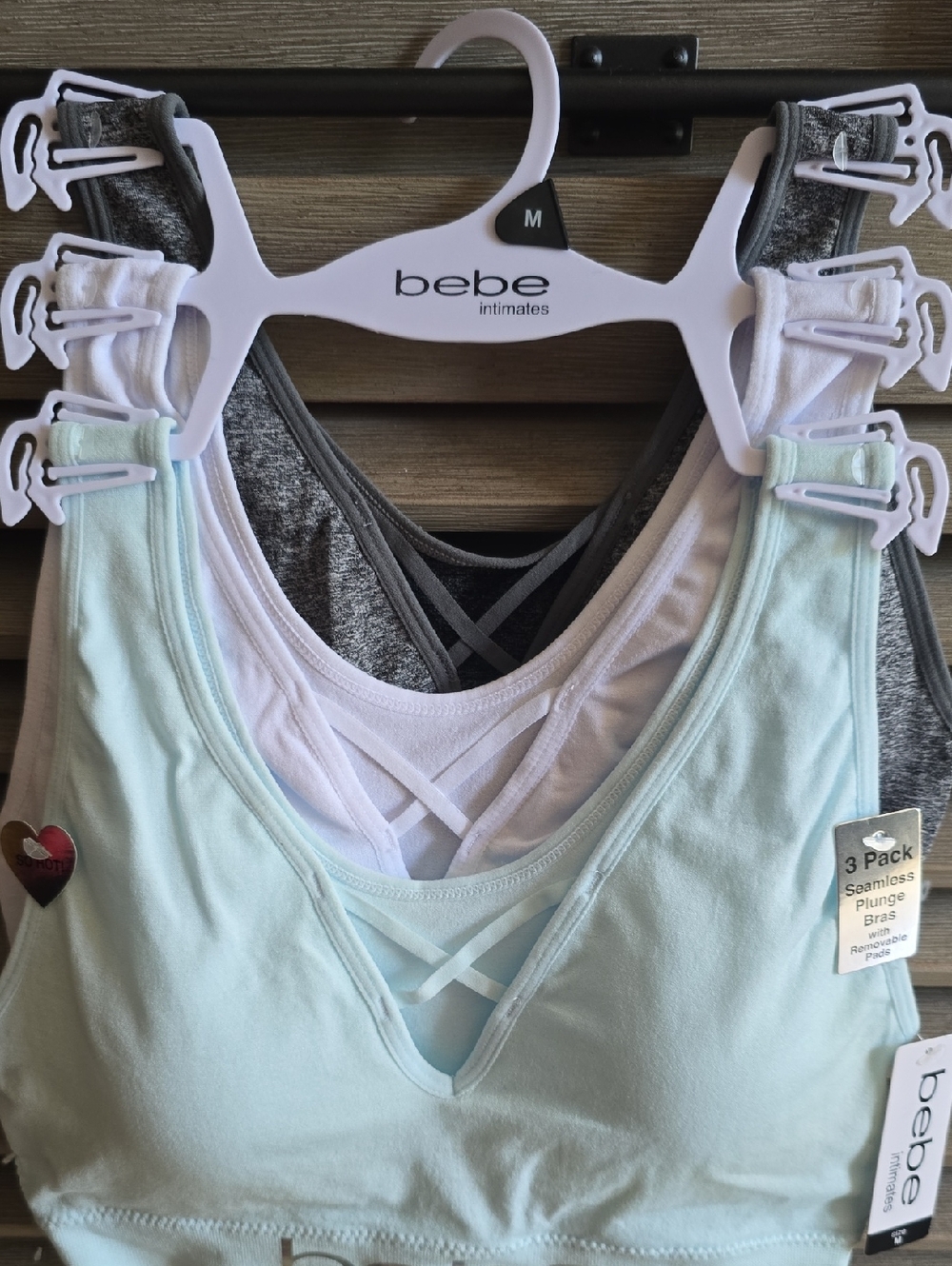 bebe Seamless Plunge Bra 3-Pack in Mint, White, Gray